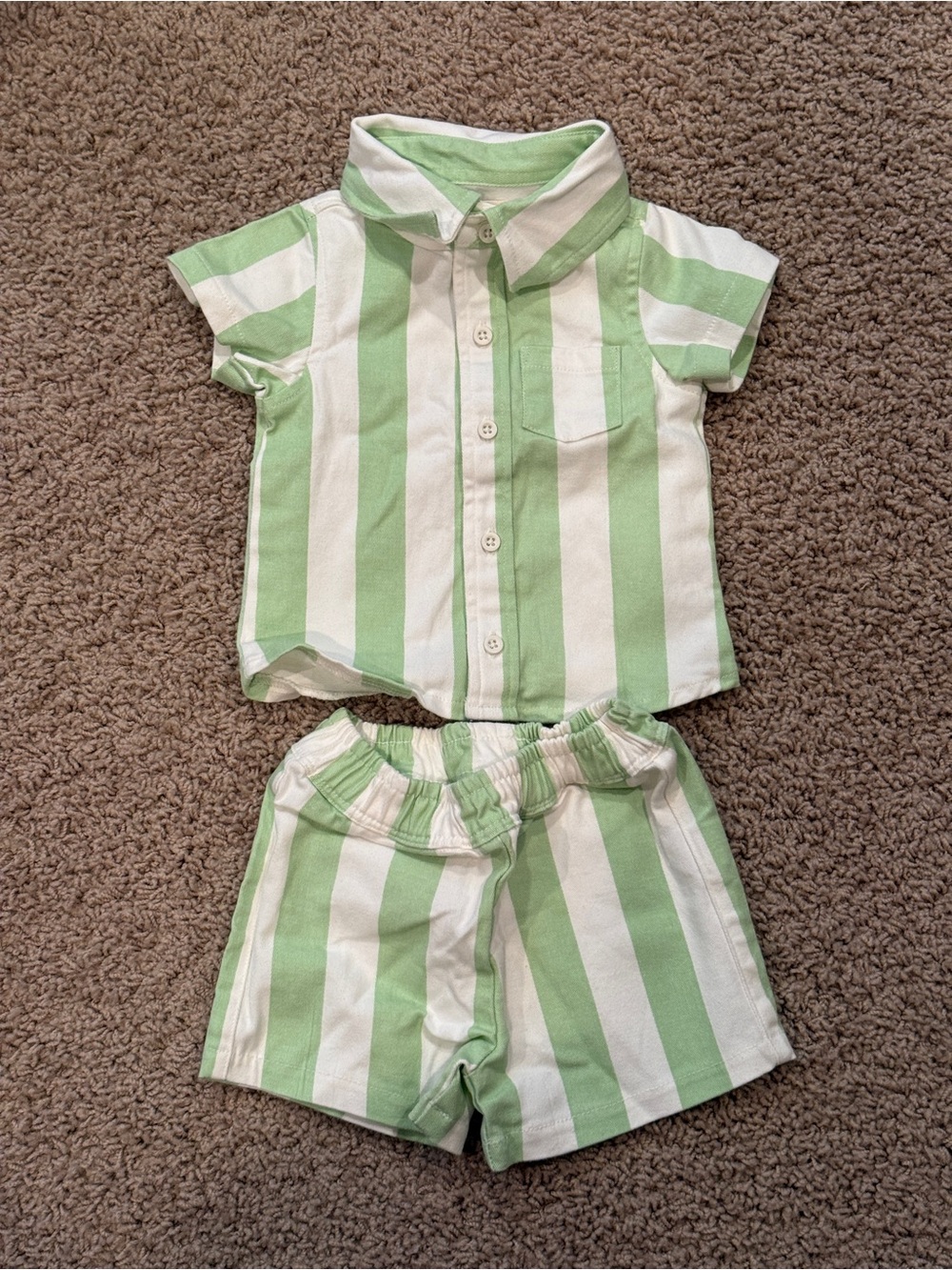 Monica + Andy Green & White Stripe Shirt & Shorts Set 0-3M